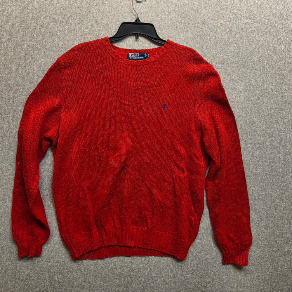 Polo Ralph Lauren Mens L Red Cotton Knit Sweater Blue Pony Preppy Old Money